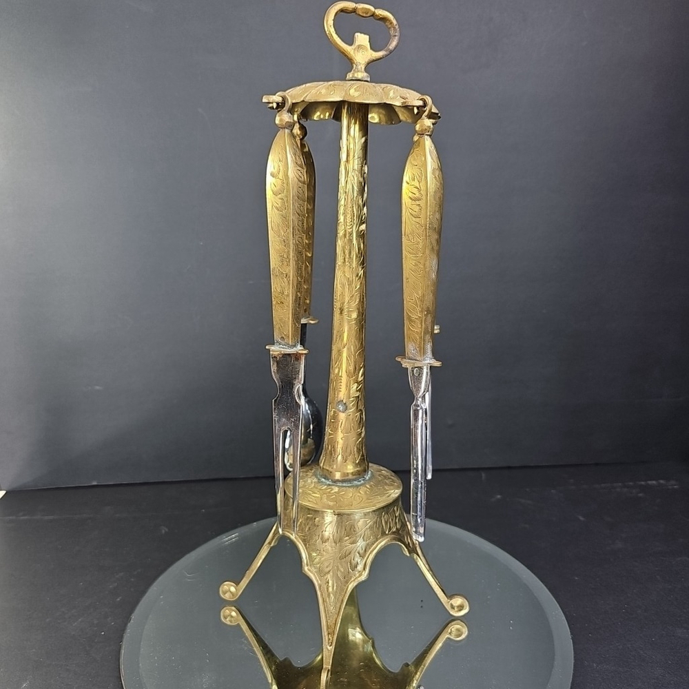 Ornate Vintage Brass Stand with 4 Brass Kitchen Accessories 15.5" Tall